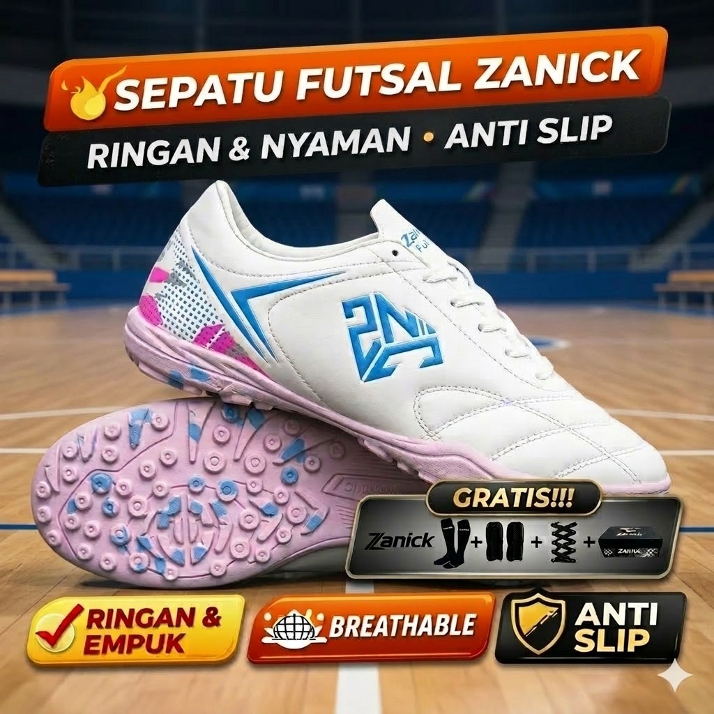 Sepatu Futsal Zanick Putih Biru Murah Berkualitas - Free Kaos Kaki Deker Tali & Box