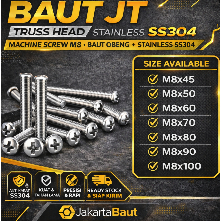 Baut JT M8X100 Machine Screw M8 X 100 Truss Head 8X100 Baut Obeng + Stainless SS304