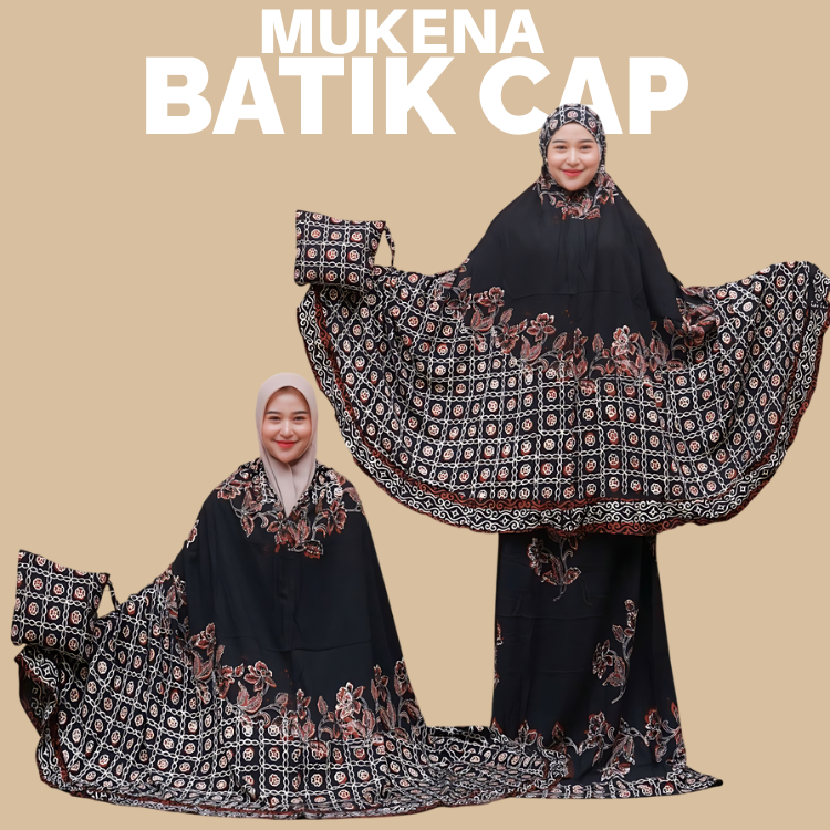 Mukena Dewasa Warna Hitam Batik Cap Rayon Samitex Premium Tebal Halus Motif Bunga Elegan