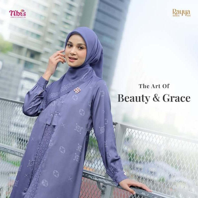 Jual Gamis NIbras Beldia  Dress Deep Blue Rose Sky Silk Mix Cerruty Print Mix Royal Symphony Premium