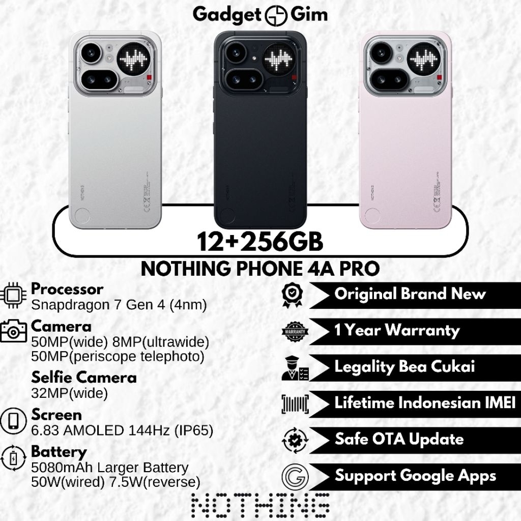 Nothing Phone 4a Pro 5G 12GB 256GB Snapdragon 7 Gen 4 50MP 144Hz 5080mAh 50W IP65 BNIB Garansi ORI