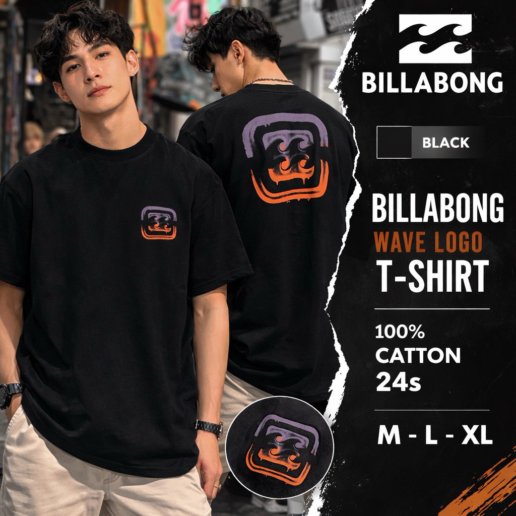 BILLABONG Original Kaos Pria Premium Cotton | T-Shirt Casual Surf hitam Lengan Pendek