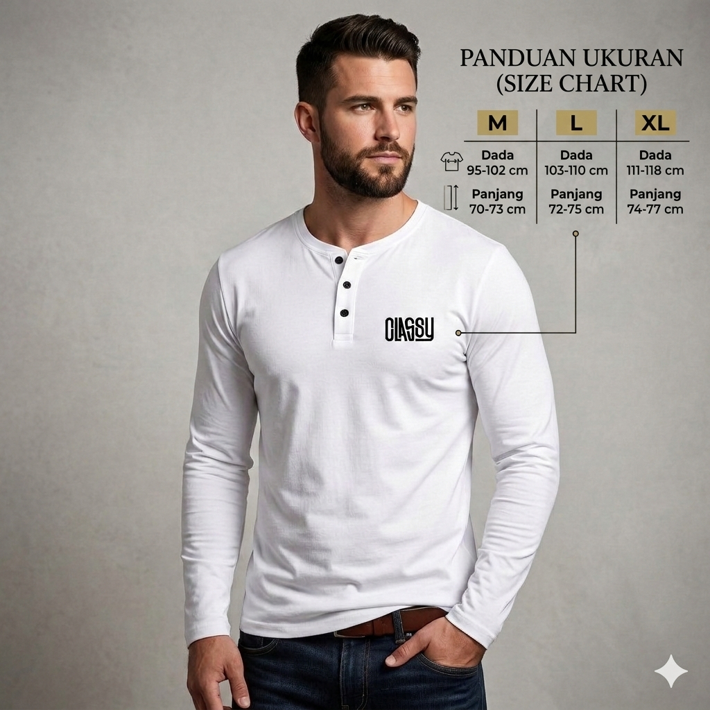 Kaos Lengan Panjang Pria Putih Henley Kancing Depan Motif CLASSY Ukuran M L XL