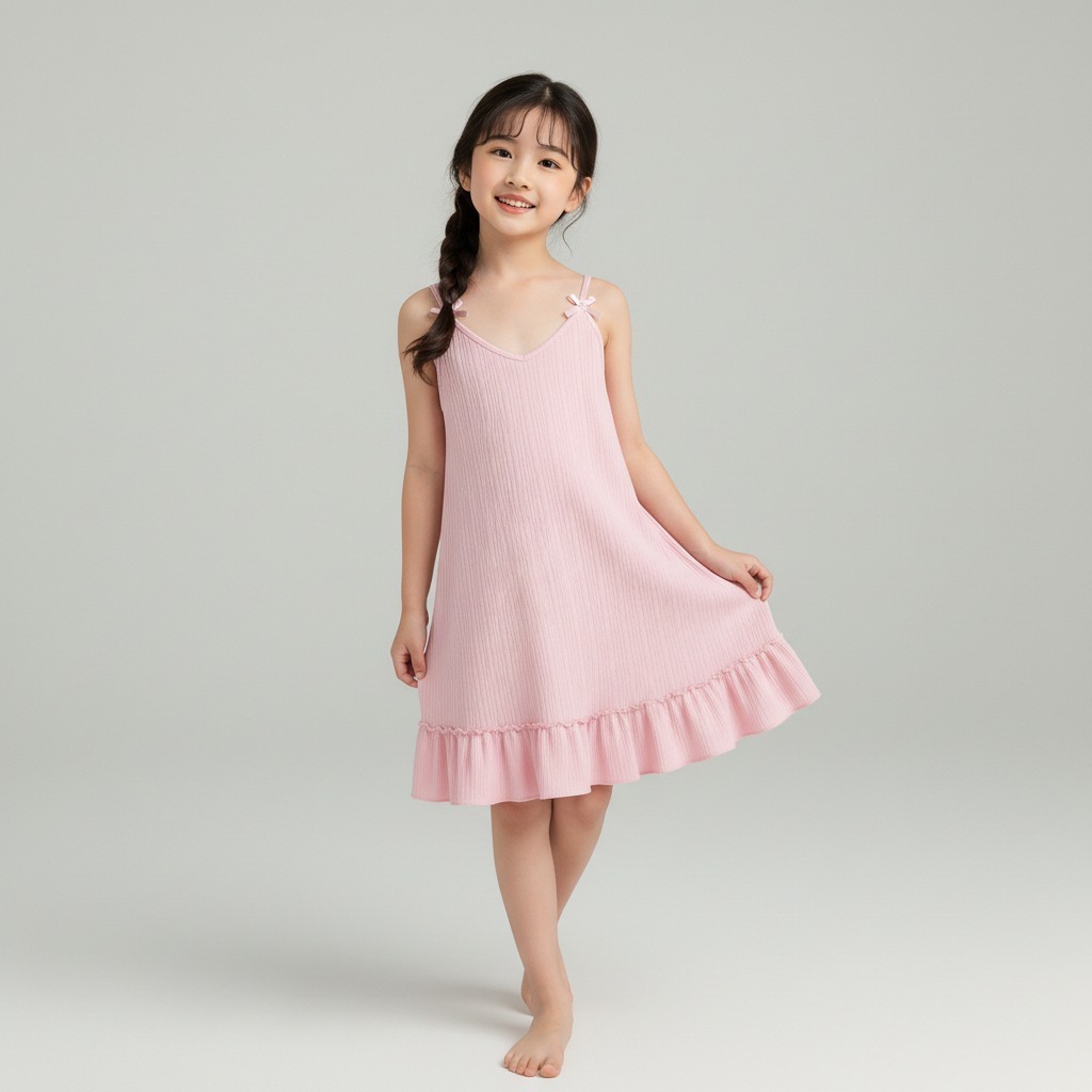 PAKAIAN MAIN RUMAHAN DRESS MODEL RUFFLE TALI KECIL ANAK PEREMPUAN BAHAN HYGT POLOS