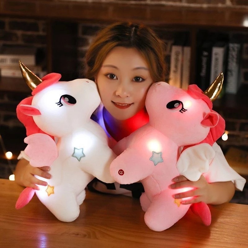 Boneka Unicorn Kuda Poni Bisa Nyala Led Bantal Tidur Hiasan Kamar Hadiah Ulang Tahun Anak