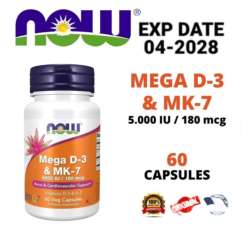 Now Mega D-3 & MK-7 (D3 5000 IU & MK-7 180 mcg) 60 Kapsul Vegetarian, Vitamin D3 MK7, Vitamin MK7, V