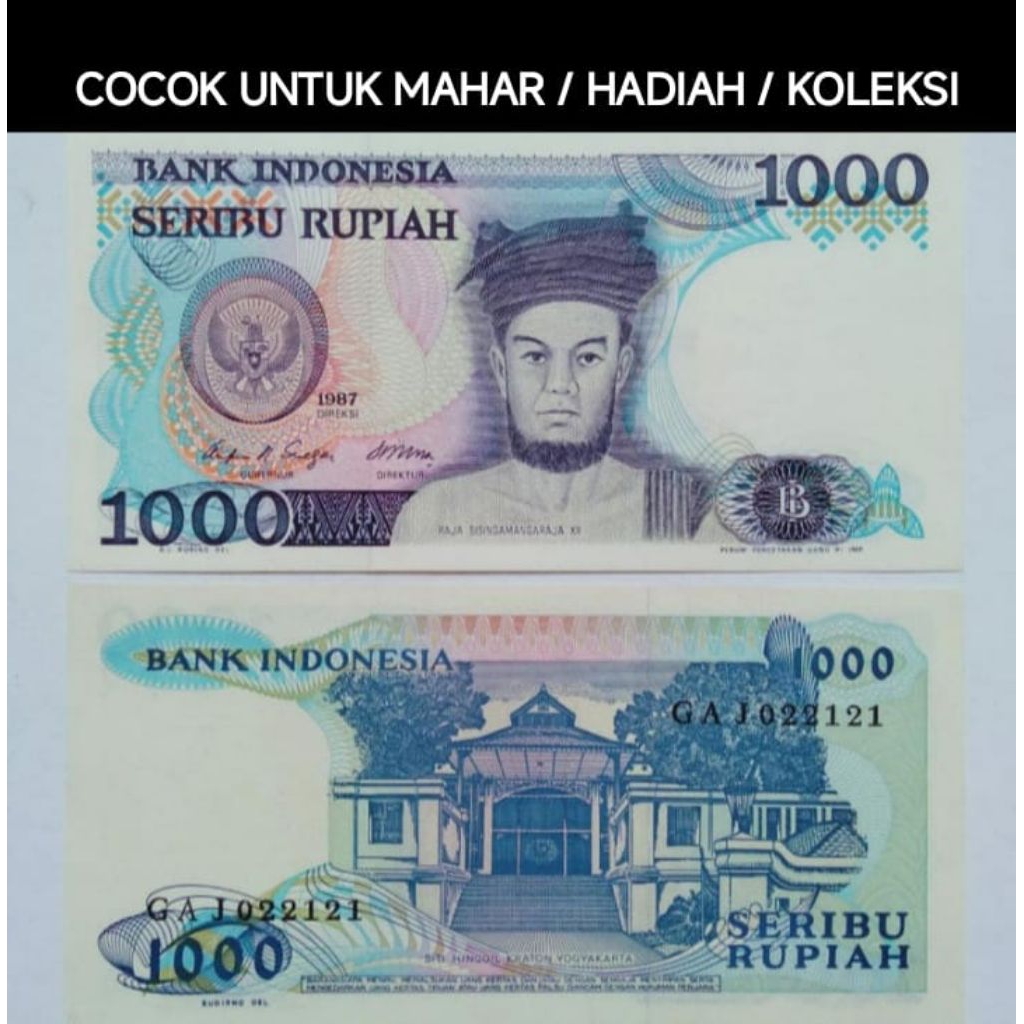 Uang Seribu Rupiah Asli tahun 1987 Koin Uang Kertas Rp 1000 Seri Sisingamangaraja Mahar Koleksi Loga
