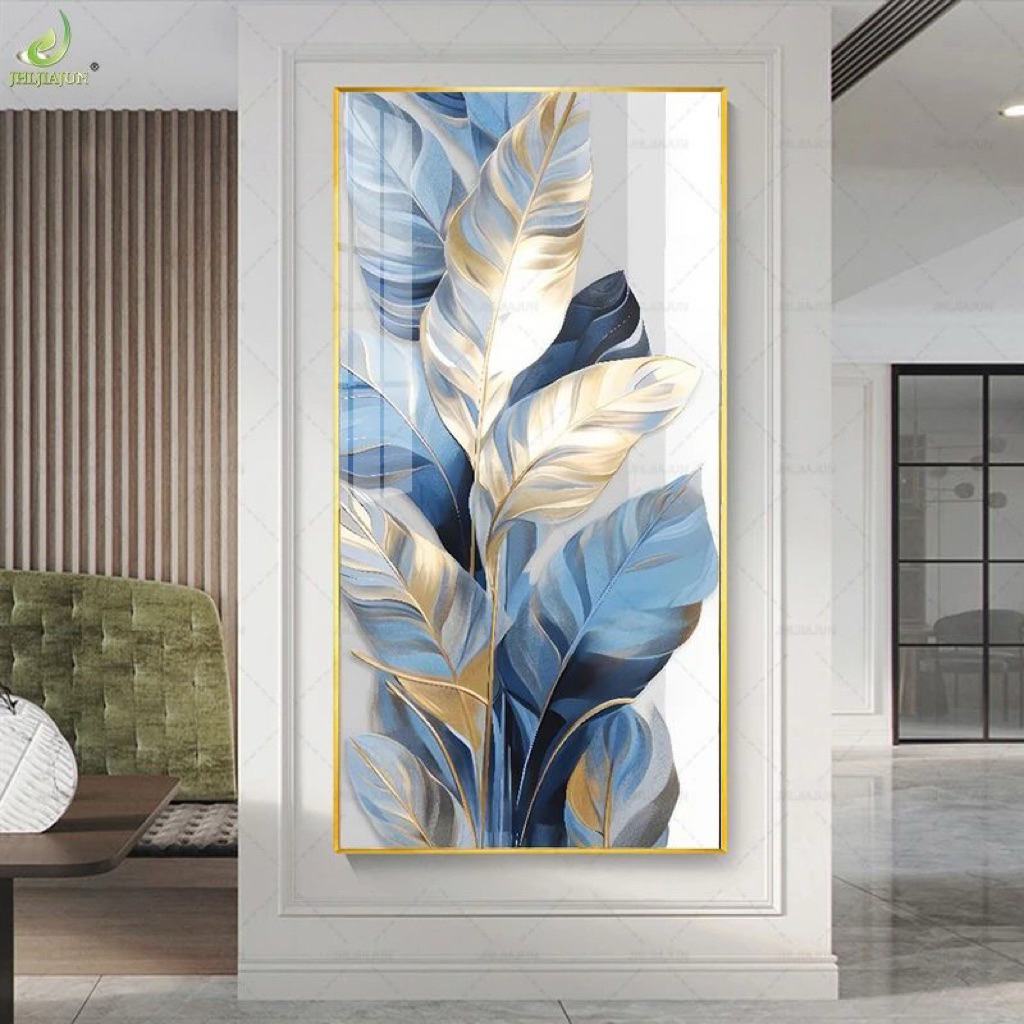Hiasan dinding lukisan daun biru emas