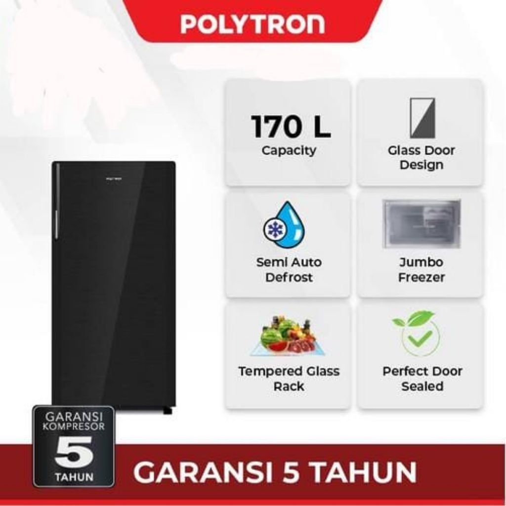 Kulkas 1 Pintu Polytron 170 liter PRA-17DMY Glass Door