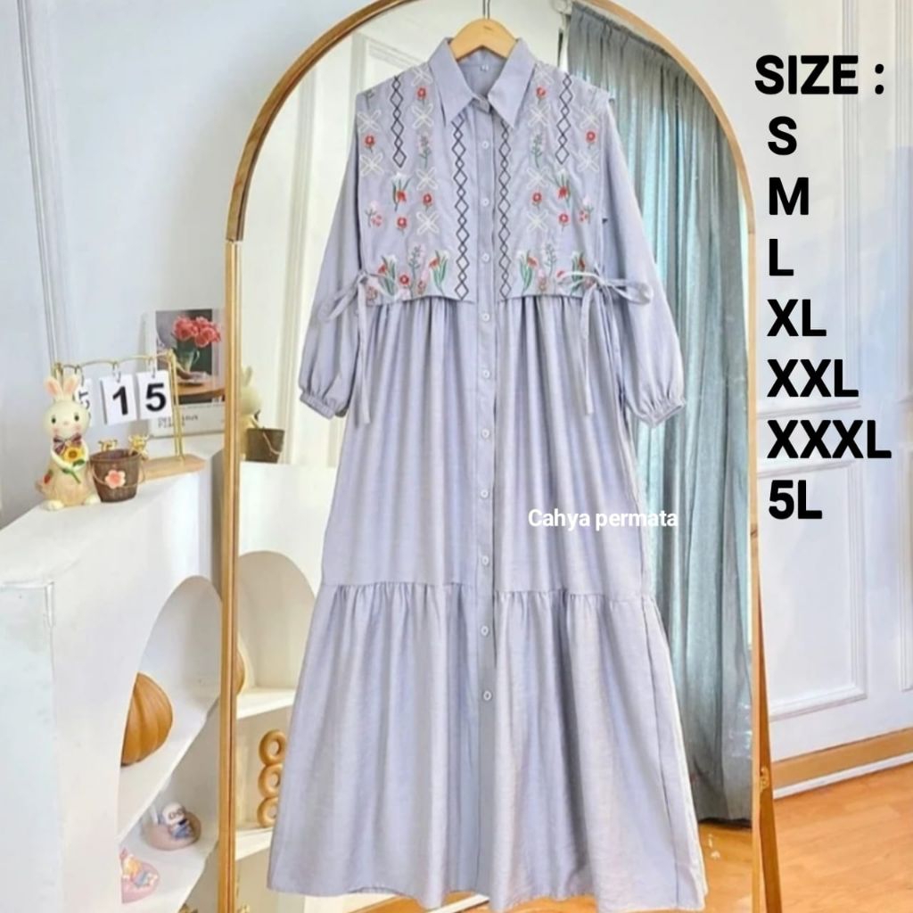 Gamis wanita jumbo dress jumbo terbaru dress wanita polo linen bordir ukuran  S - 5L
