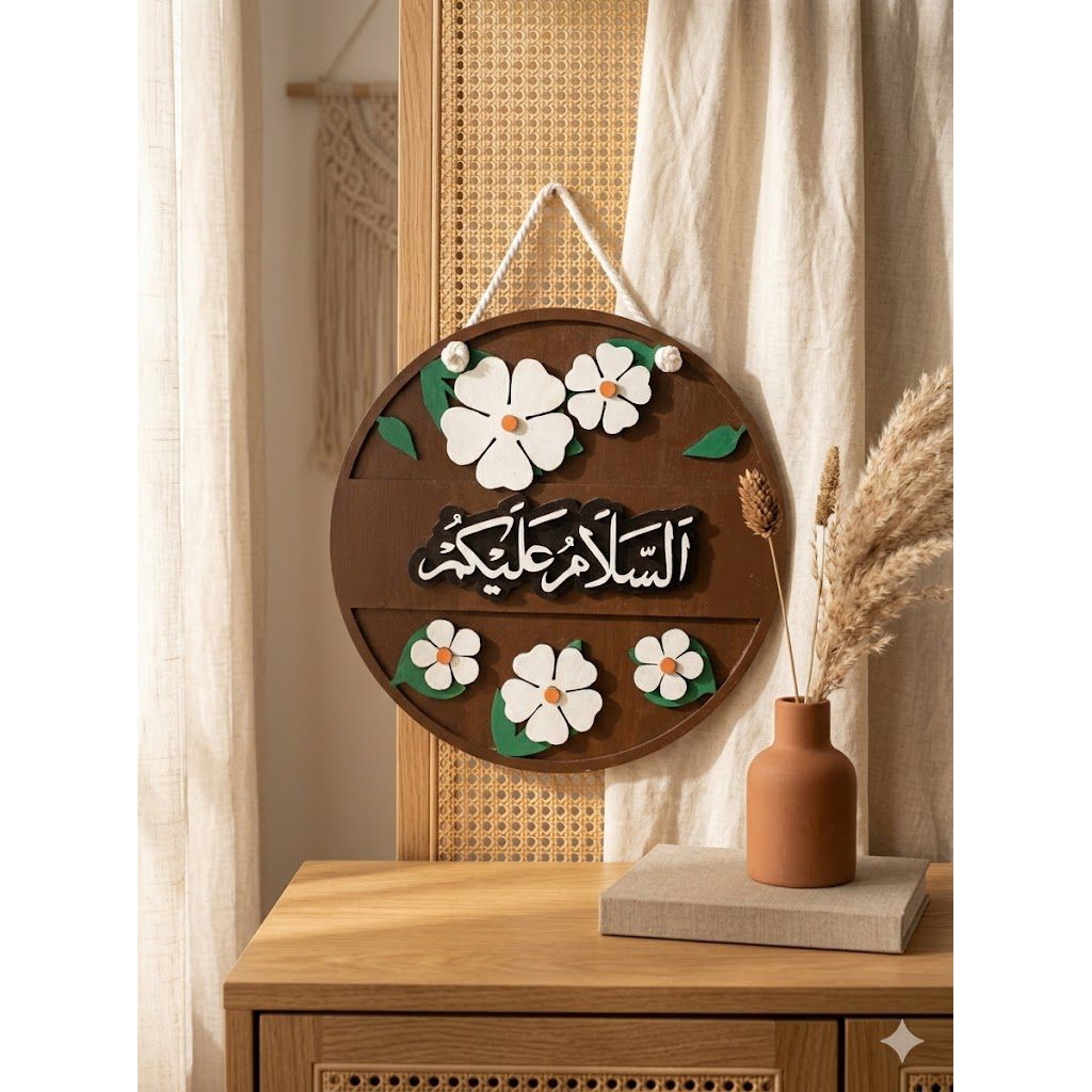 gantungan pintu "Assalamualaikum"tulisan kaligrafi motif bunga
