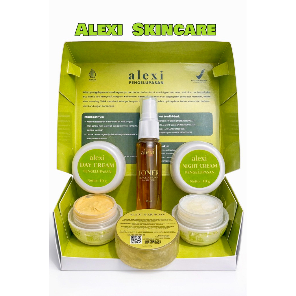 ALEXI Skincare 4 Item - Paket Perawatan Wajah Pencerah All Skin | Day Cream, Night Cream, Toner, Sab