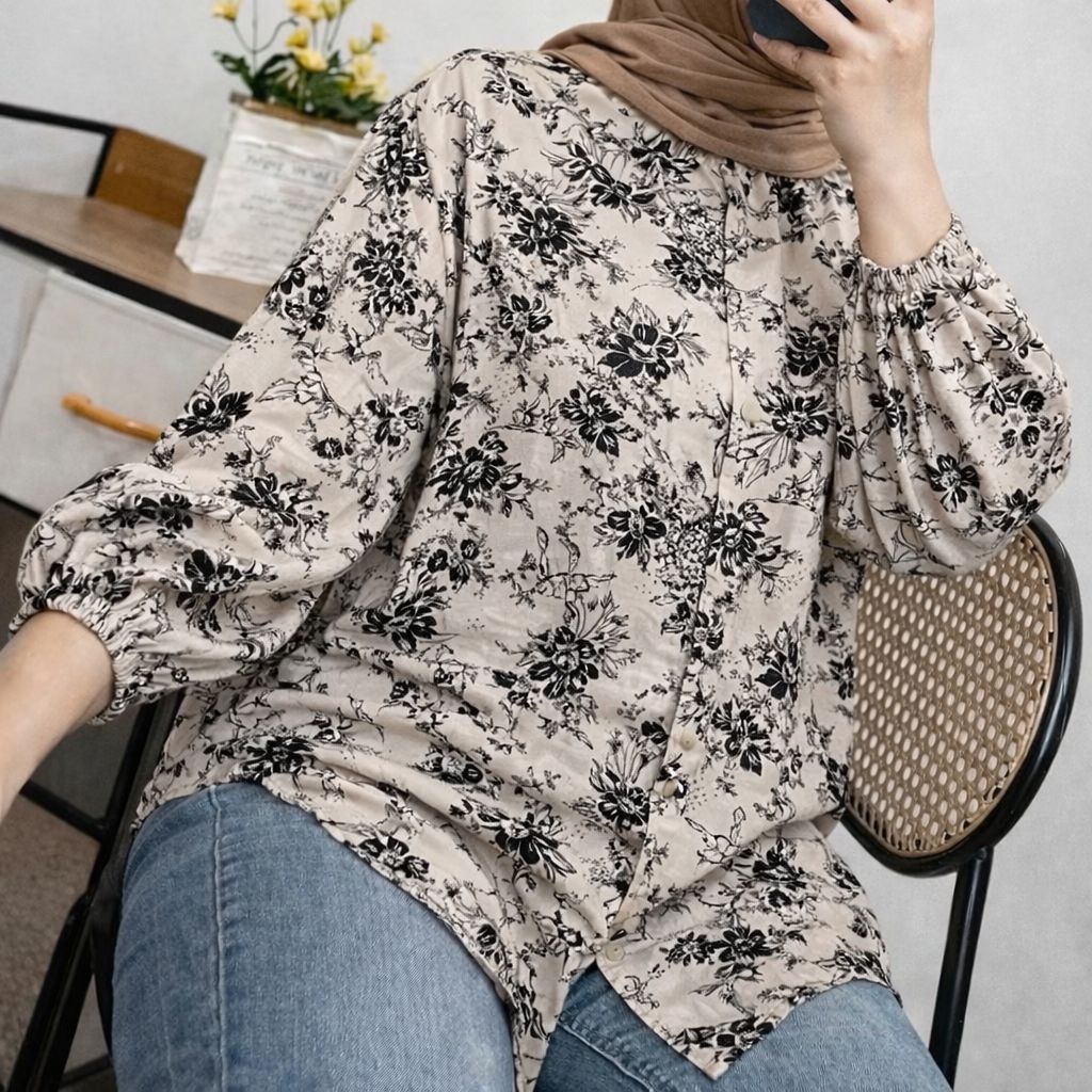 FU- KEMEJA WANITA BUNGA RAYON PREMIUM|kemeja wanita jumbo motif bunga rayon lengan panjang 7/8 terba