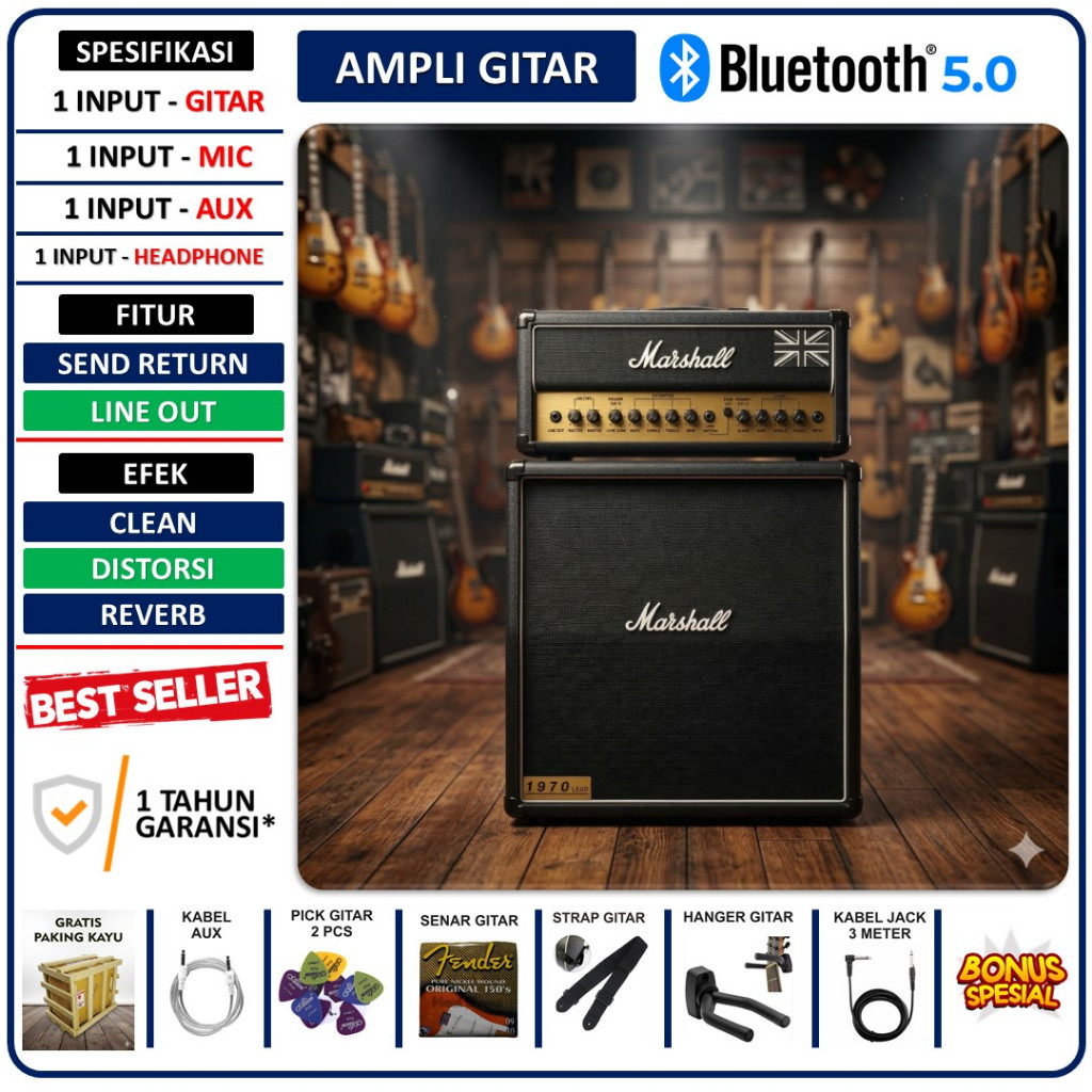 Ampli Gitar Dan Bass Dan Keyboard 12 Inch bluetooth bisa untuk karaoke Marshall 3 Input Bonus Kabel 