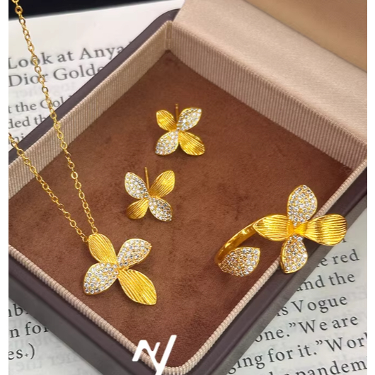 cincin 24 karat emas asli Set Kalung, Cincin, dan Anting Wanita cincin Nyaman Dipakai  Anniversary U