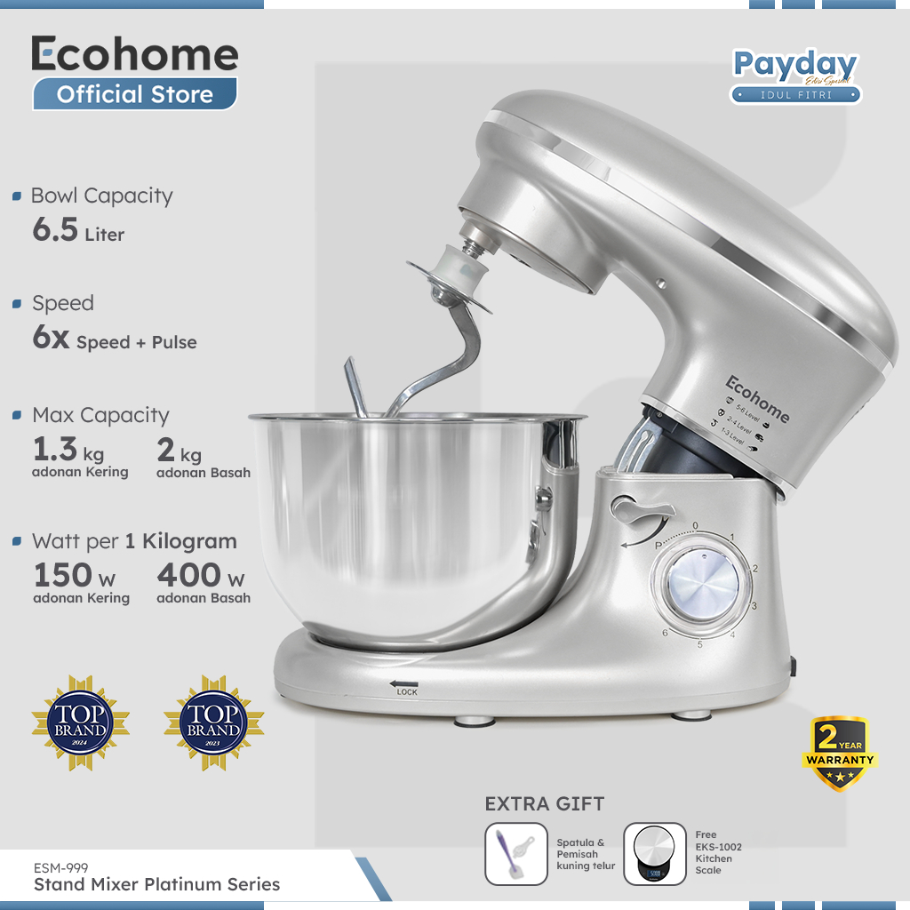 ECOHOME Stand Mixer Platinum Series ESM999 Premium Stand Mixer Heavy Duty 6.5L Capacity