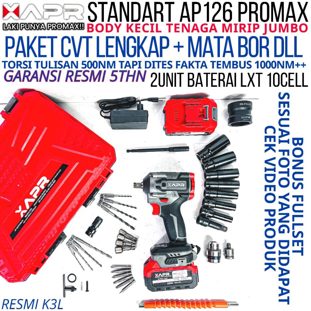 IMPACT APR AP126 PROMAX+ 1000NM BODY KECIL TENAGA JUMBO FULLSET 2 BATERAI bor impek buka baut