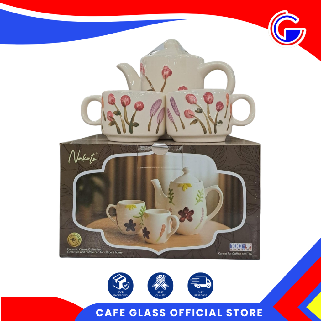 Cangkir Teko Set Keramik Nakato Motif Bunga Timbul Emboss - Hampers Pecah Belah Souvenir Gift Box