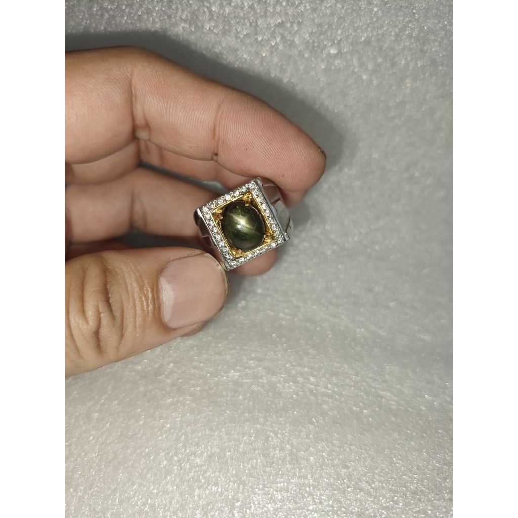 Cincin Pria Eropa Emas Batu Green Sapphire Star Safir hijau bintang 031