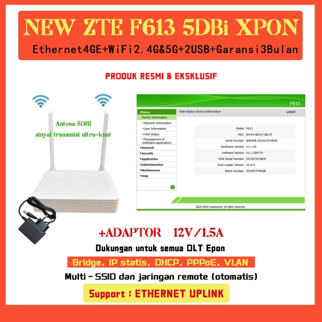 ZTE F613 ONU XPON GPON EPON Dual Band 2.4G 5G Produksi Sendiri Eksklusif Modem Fiber IndiHome Firstm