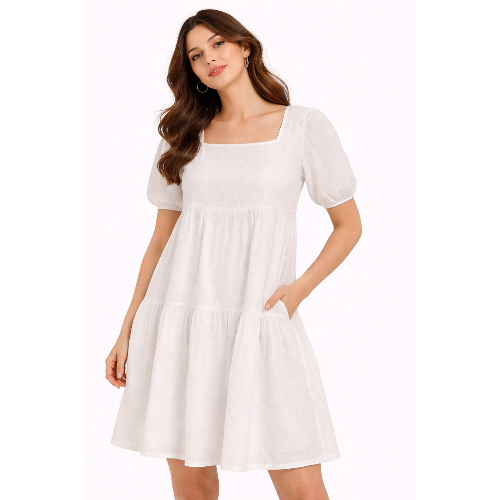 dress midi square neck white gaun putih polos branded wanita
