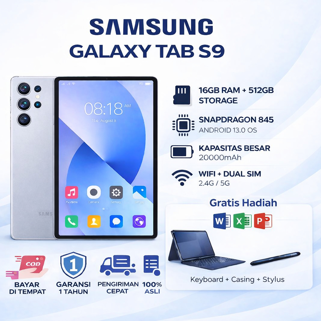 (Terlaris) Samsung Galaxy Tab S9 Tablet | RAM 16GB ROM 512GB | Android 12 | Wi-Fi + SIM | Smart Pad 