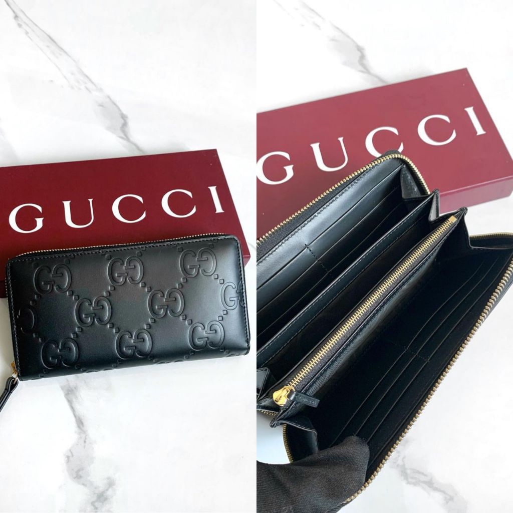 Gucci GG Logo Leather Zipper Long Wallet in Black Ghw