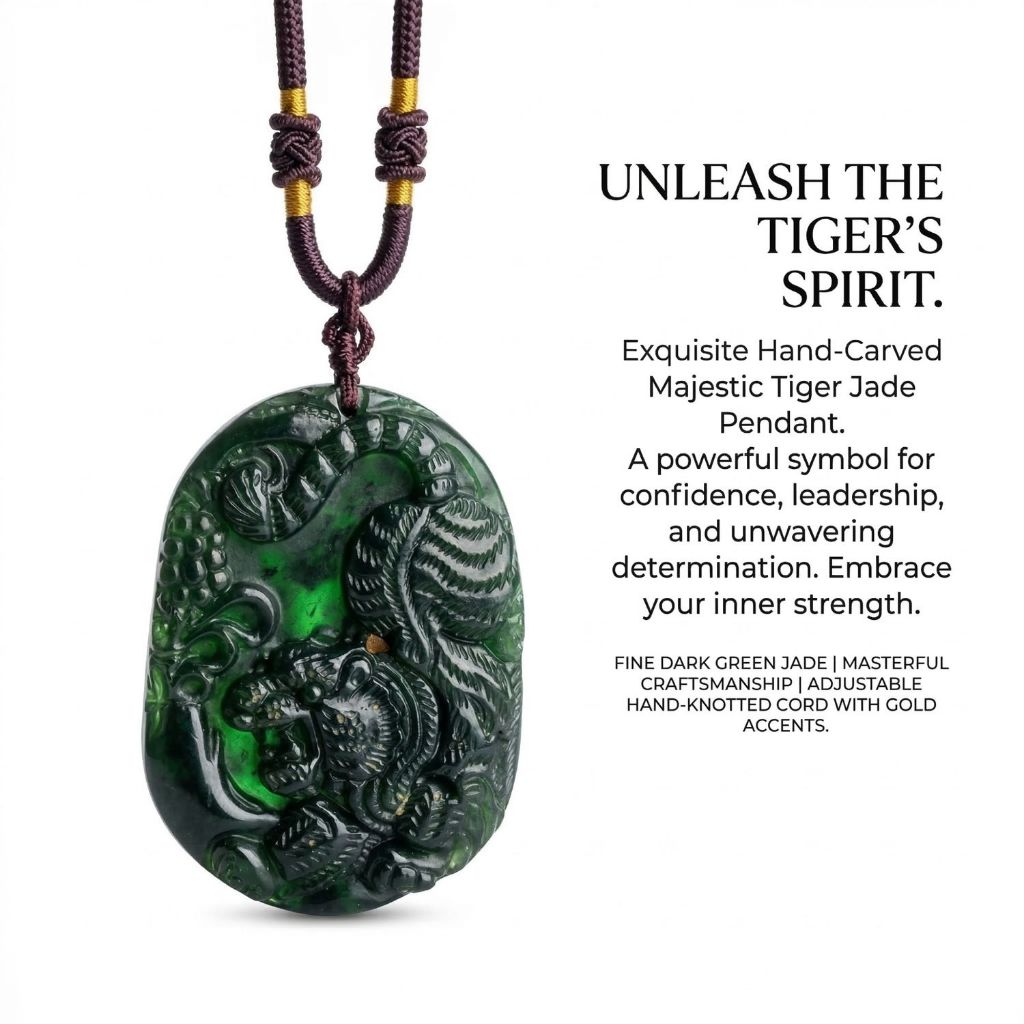 Liontin Giok Hijau Tua Ukir Macan Asli - Kalung Jade Tiger Pendant Hand-Carved Premium -Symbol of Le