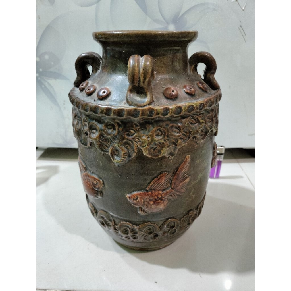 Guci antik keramik ikan mas hijau celadon tinggi27cm temuan