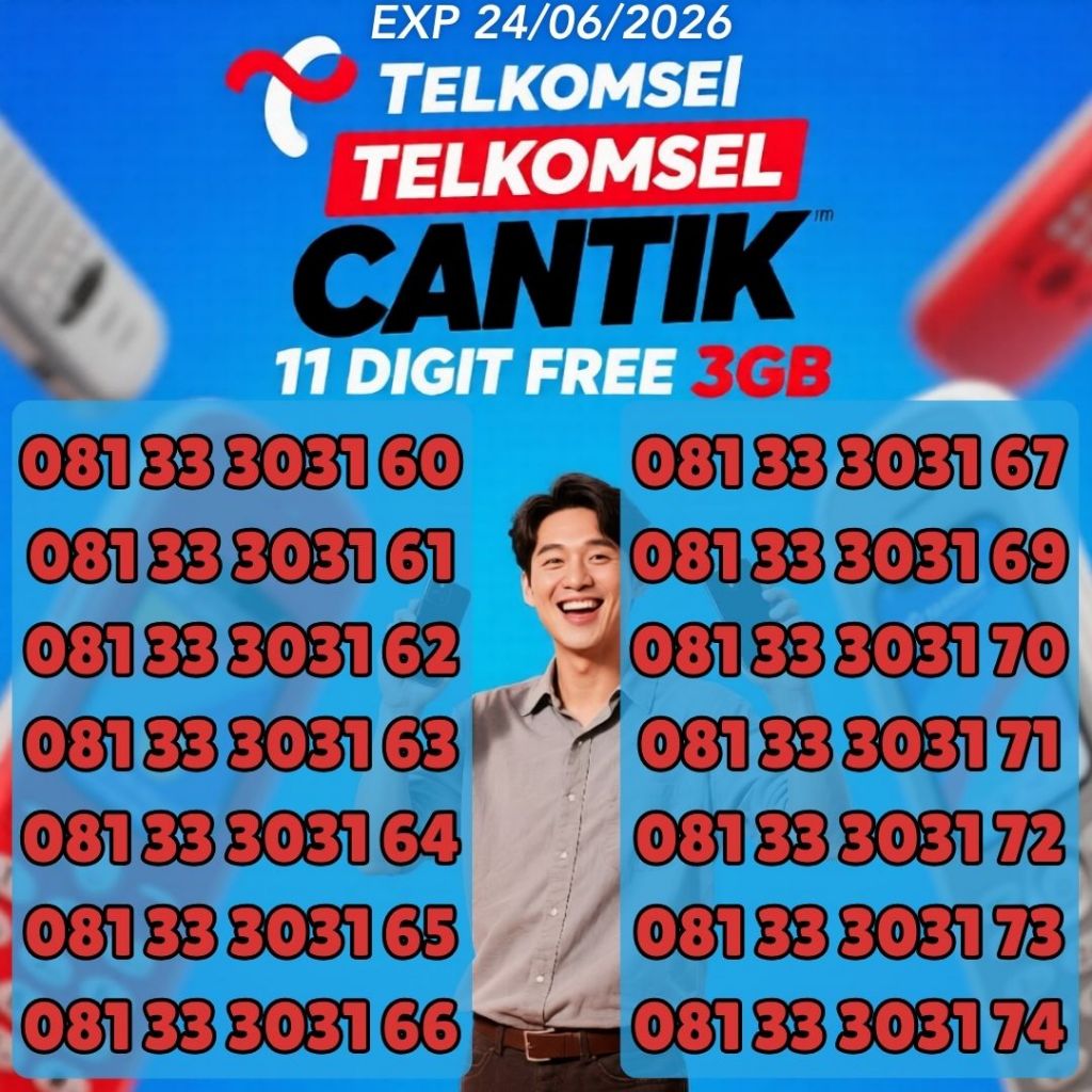 Nomor Cantik Telkomsel 11 Digit Seri  081 33 3031 XX Bonus 3GB Harga 55ribu