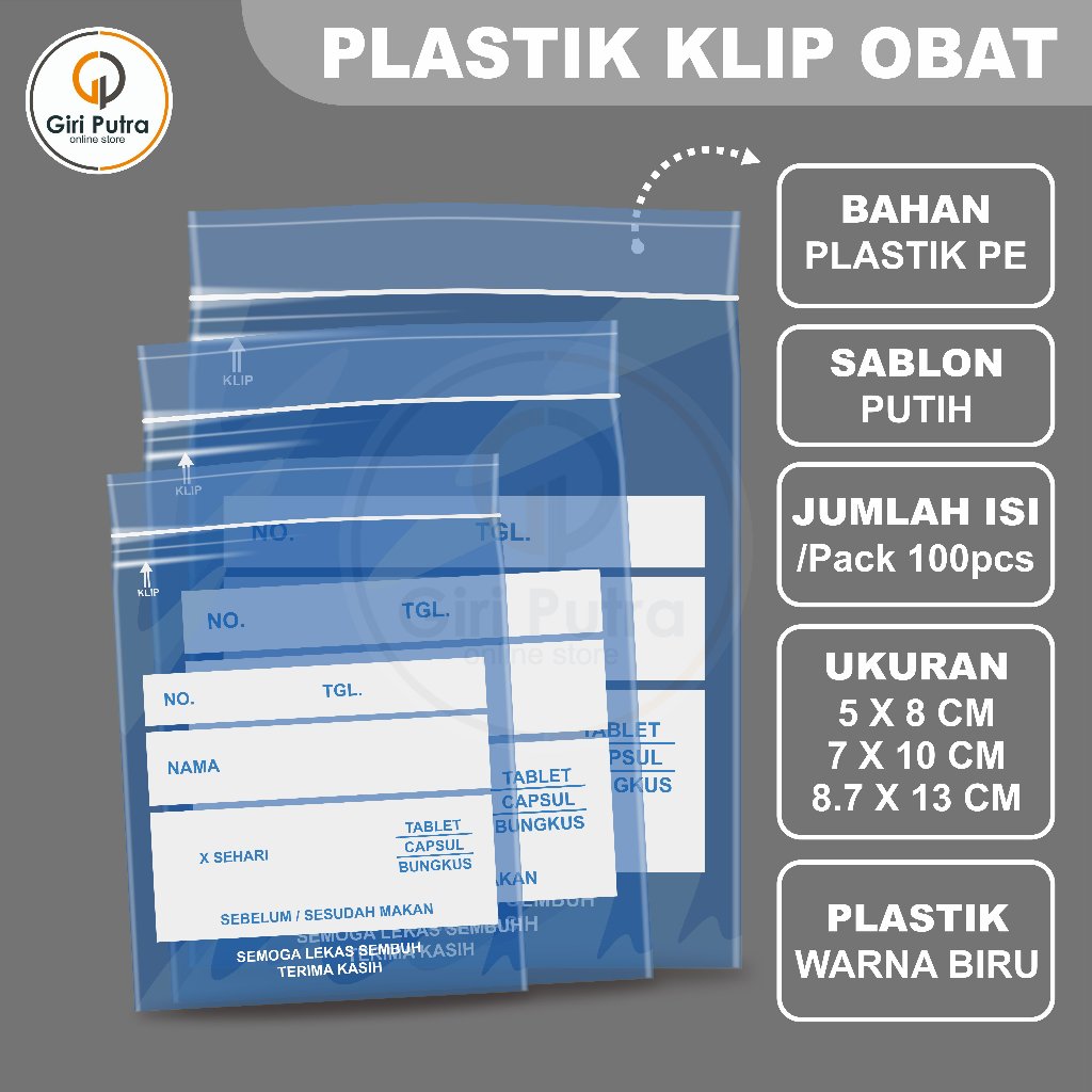 PLASTIK KLIP OBAT SABLON PUTIH / PLASTIK KLIP WARNA BIRU