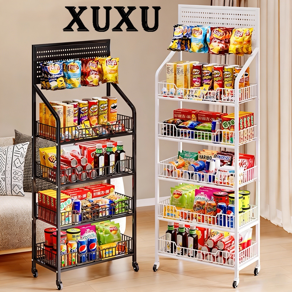 XUXU Rak Chiki Snack Warung 3/4/5 Susun Besi Baja Karbon Rak Display Makanan Ringan Dengan Roda