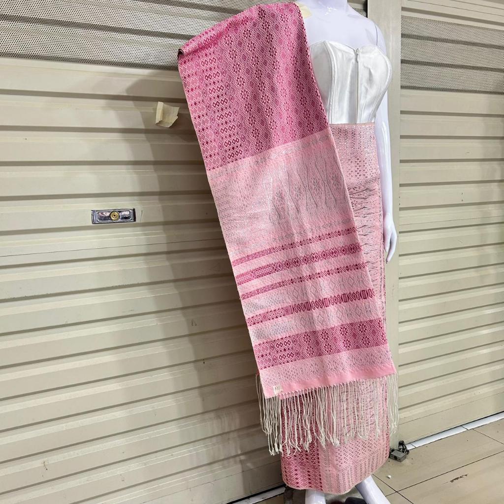 Set Songket Tumtuman Tanpa Sambung + Selendang Warna Pink | Benang Kristal Elegan