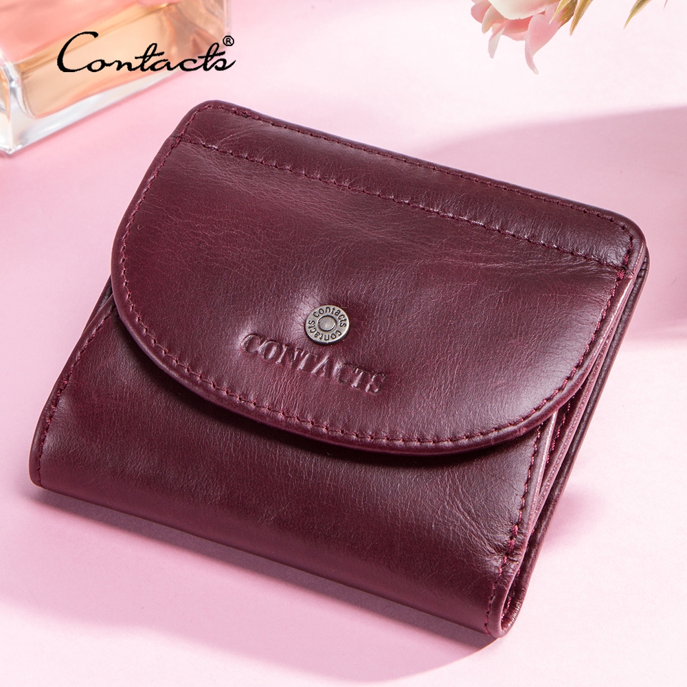 CONTACT S Lipat Wanita Dompet Lipat Wanita Kulit Sapi Mini 4 Slot Kartu Saku Koin Magnet Merah