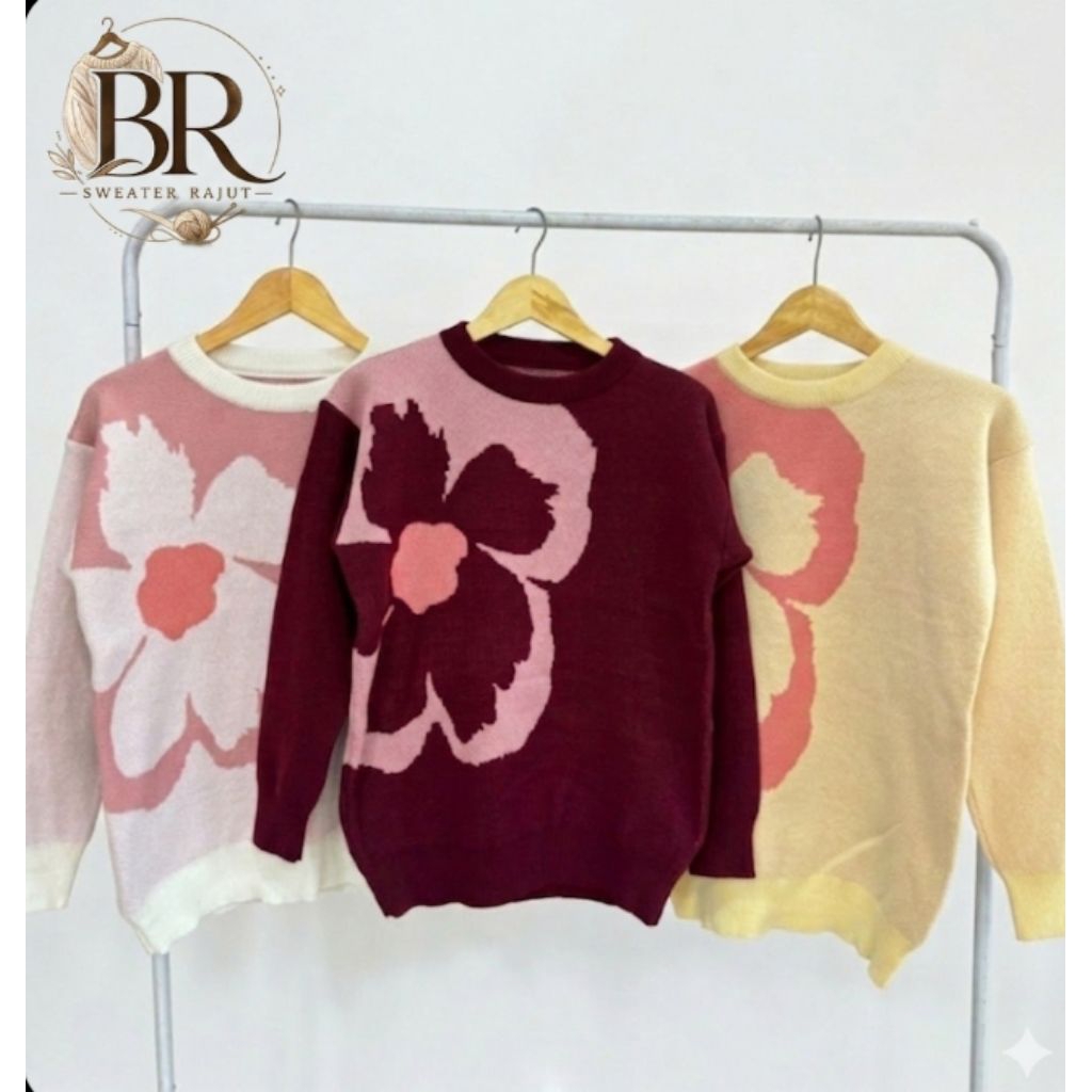 Sweater Rajut Wanita Motif Bunga Besar Flower Knit Crewneck | Big Flower Sweater Korea Rajut Tebal A