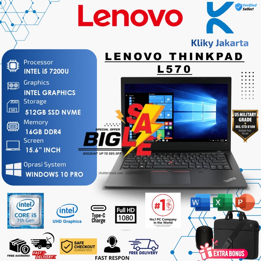 PROMO SALE LENOVO THINKPAD L570 intel Core i5 7200U 16gb 512gb Ssd Bergaransi