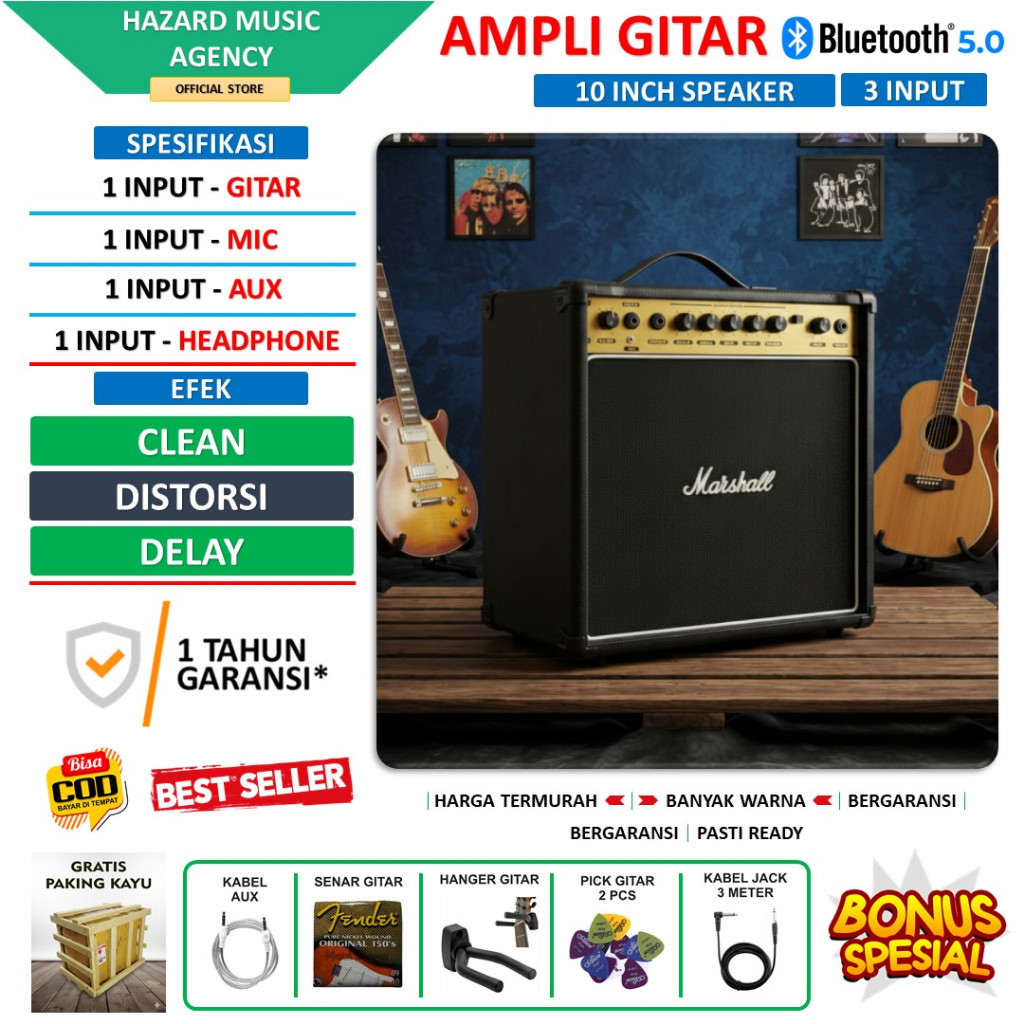Ampli gitar & bass 10 Inch 3 input bluetooth bisa untuk karaoke efek distorsi delay termurah