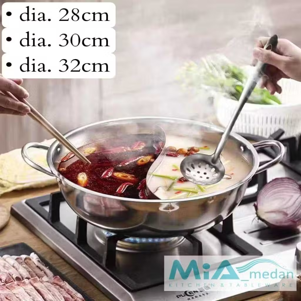 MiA Panci Sangwo Shabu 32 cm/30 cm/28 cm Penutup Kaca Tebal sekat 2 Sukiyaki Hotpot Steamboat Stainl