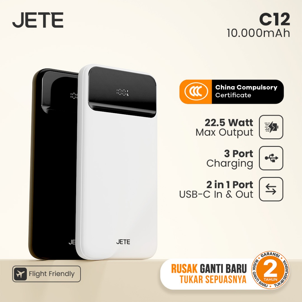 Sertifikasi CCC JETE C12 Powerbank 10000mAh 22.5W Fast Charging Triple Port USB A Type C Power Bank 