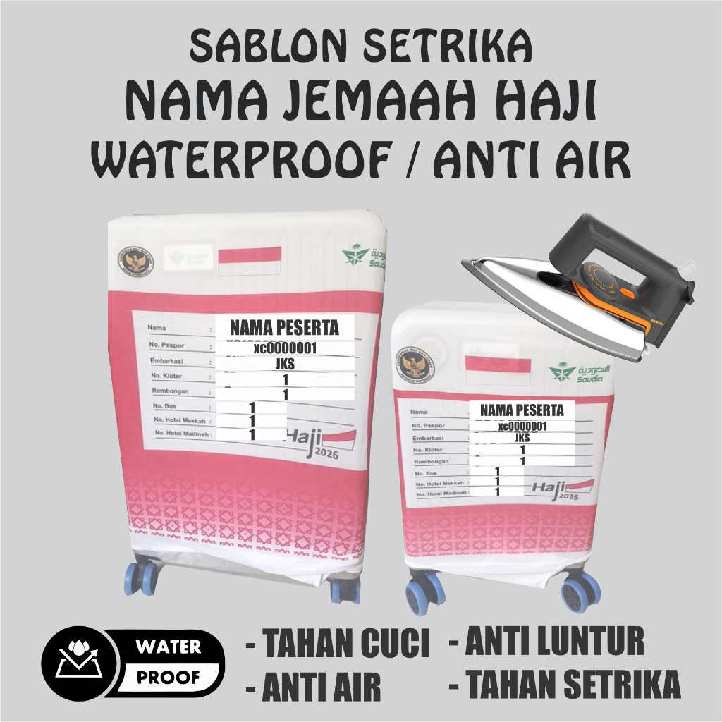 SABLON STIKER NAMA TINGGAL SETRIKA ANTI AIR UNTUK KOPER JEMAAH HAJI/UMROH 2026