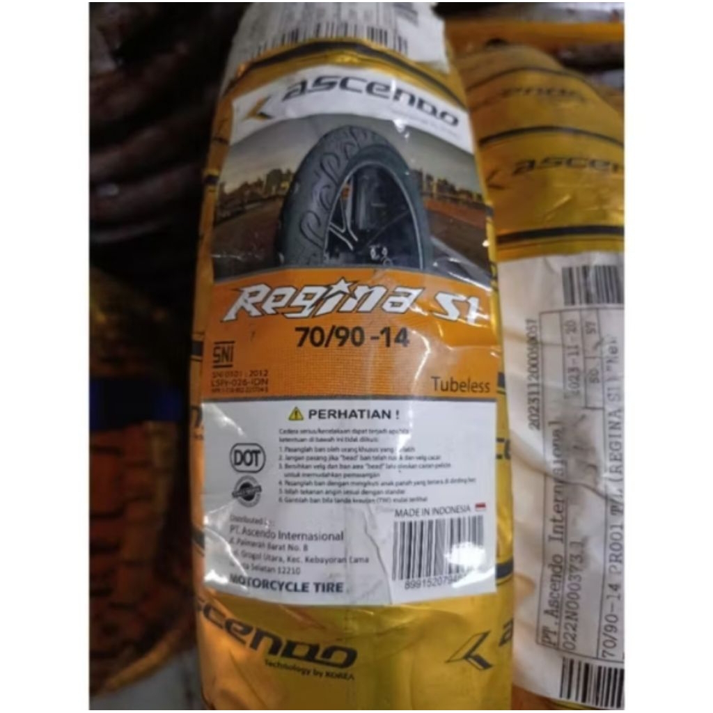 70/90-14 Ascendo Tubeless Regina Ban Luar Ring 14 Tubeles Bonus Dop