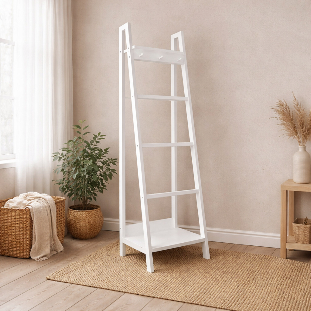 Rak Mukena Sajadah Peci Minimalis Kayu – Rak Serbaguna Model Tangga Modern untuk Mushola & Kamar