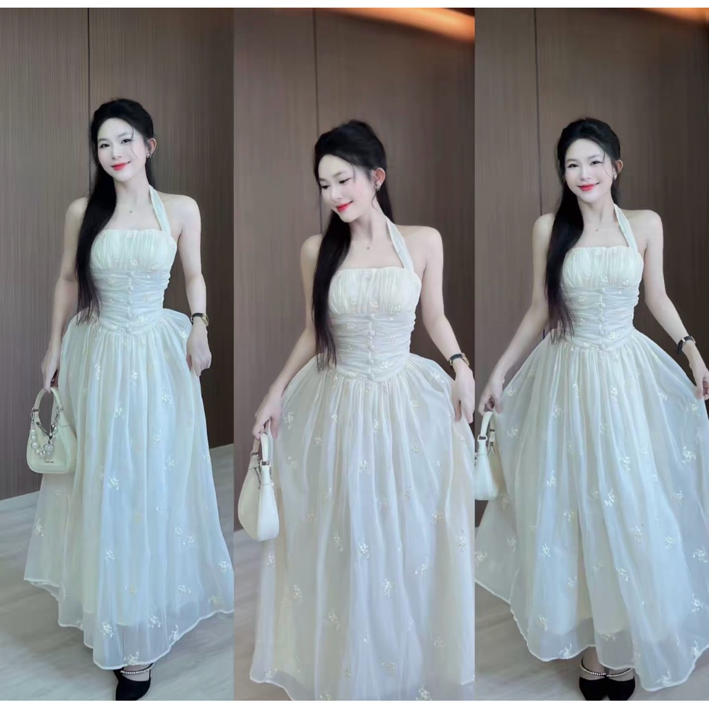 Dress vietnam, dress putih, long dress halter neck, gaun pesta, dress pesta, dress pre wedding