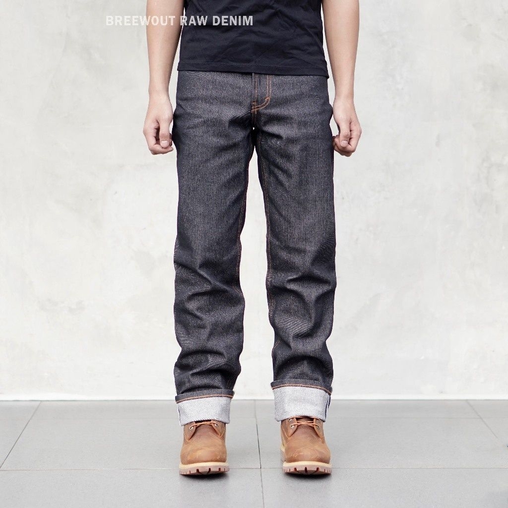 BREEWOUT Original Black Indigo Raw Denim Selvedge Accent 15 Oz Slim Straight Premium Pria Celana Jea