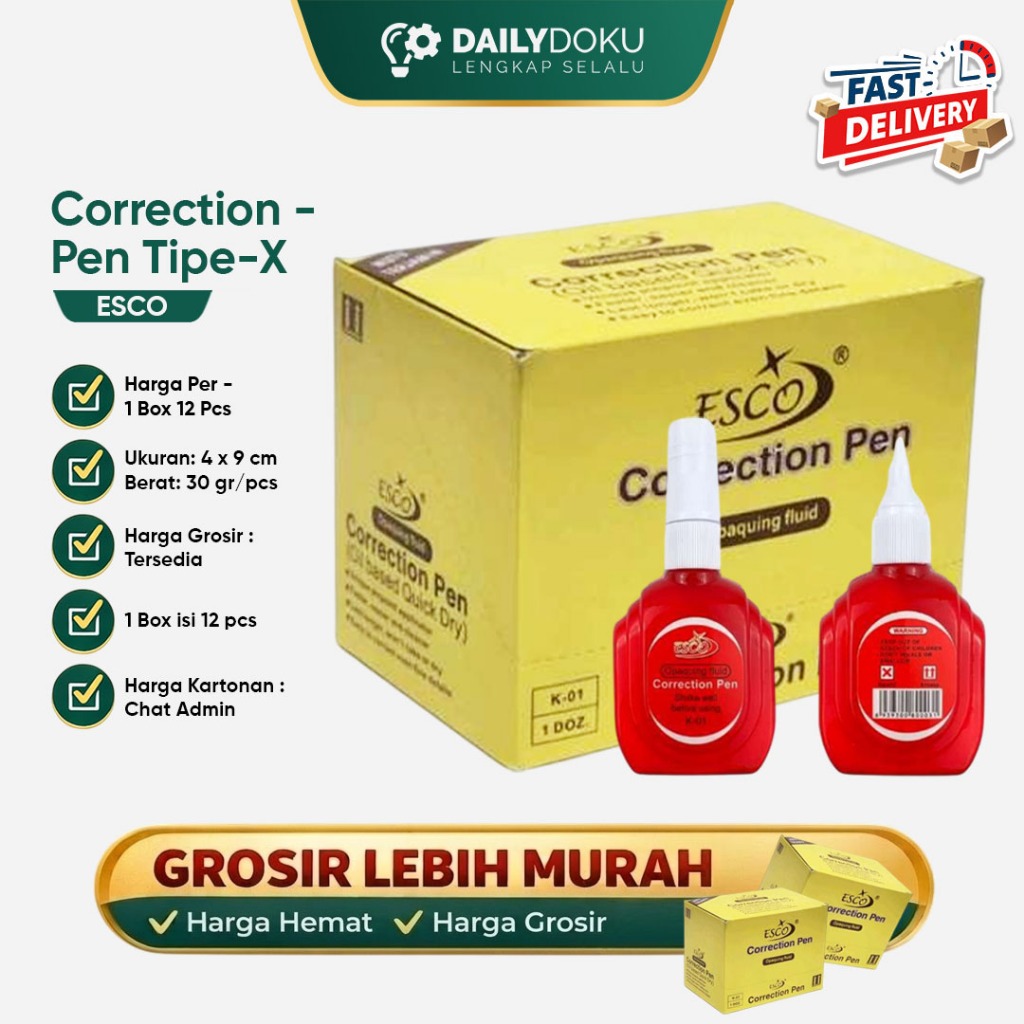 Tip Ex Cair ESCO K-01 Correction Pen Tip-X Fluid Botol Merah | 1 Box Isi 12 Pcs | Grosir Lebih Murah