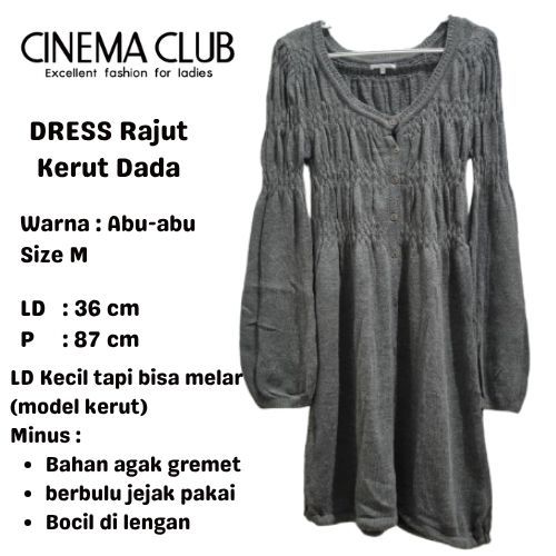 Dress Rajut Kerut Dada Abu-Abu Cinema Club Ukuran M Lengan Panjang Model Kerut