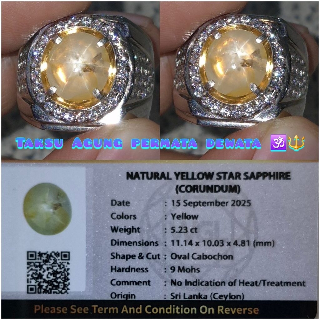 Yellow star sapphire ceylon kristal star tajam 5,23 crt no heat memo WGL lab ada ruby burma windusar