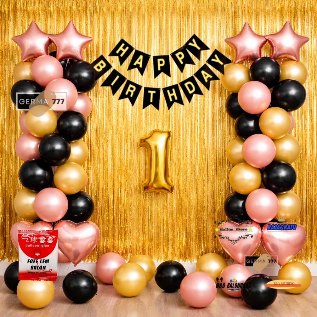 Set Dekorasi Pesta Ulang Tahun Anak Banner Happy Birthday Balon Mix 3 Warna Tirai Foil Gold