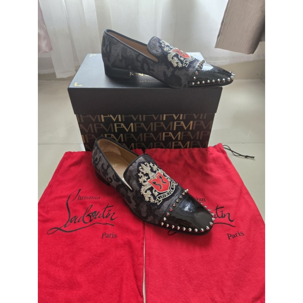Christian Louboutin Black/Grey Camoflauge Felt and Patent Leather Loubi Forever Spike Loafers Size 4