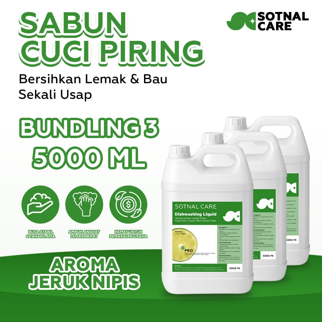 SOTNAL CARE Sabun Cuci Piring Dishwashing Liquid 5 Liter x3 PRO Tanpa Pewarna | Jerigen 15L Hemat un